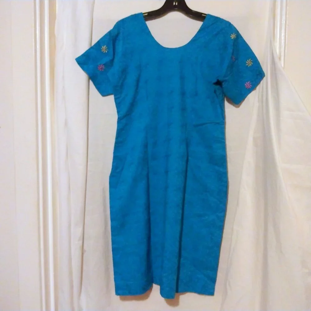 Artisan Embroidered Teal Blue Dress Spiral Detail M/L Boho Festival Jewel Tones - Picture 5 of 9